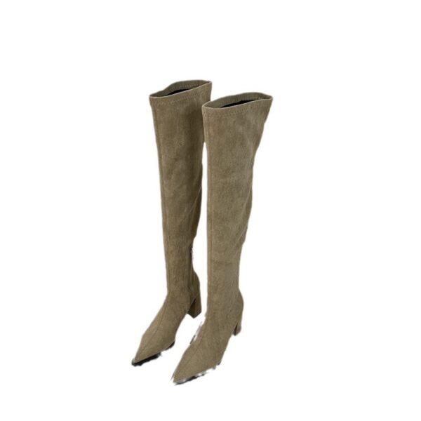 Chunky Heel High Heel Long Suede Zipper Stretch Thin Boots - Image 3