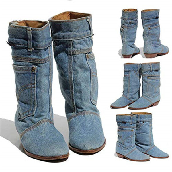 Women's Boots Mid-waist Low Heel Denim Casual - Image 4