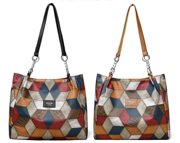 Retro Geometric Pattern Color-matching Shoulder Bag Fashion Large Capacity Stitching Handbag For Women Totes - Image 8