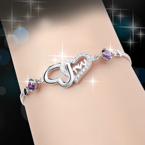 925 Sterling Silver Diamante Bracelet Double Heart - Image 3