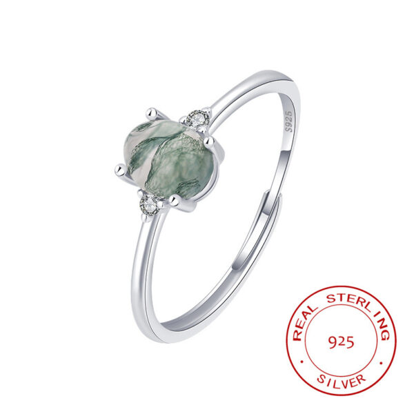 S925 Silver Green Moss Ring Water Plants Agate Female Finger Ring - Image 2