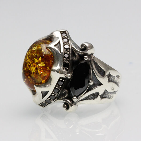 925 Thai Silver Ring Retro Gem Black Stone Amber - Image 5