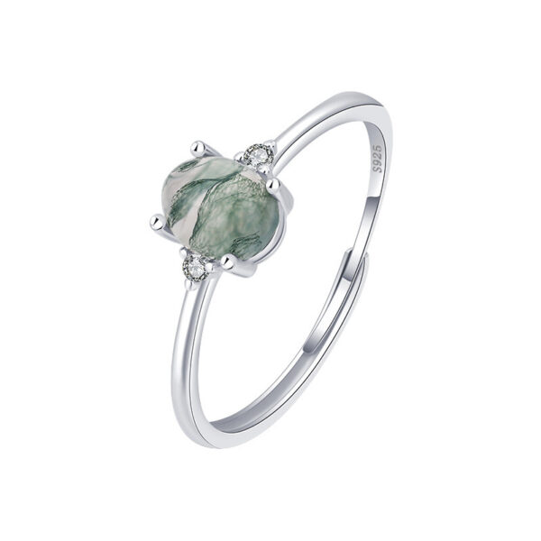 S925 Silver Green Moss Ring Water Plants Agate Female Finger Ring - Image 4