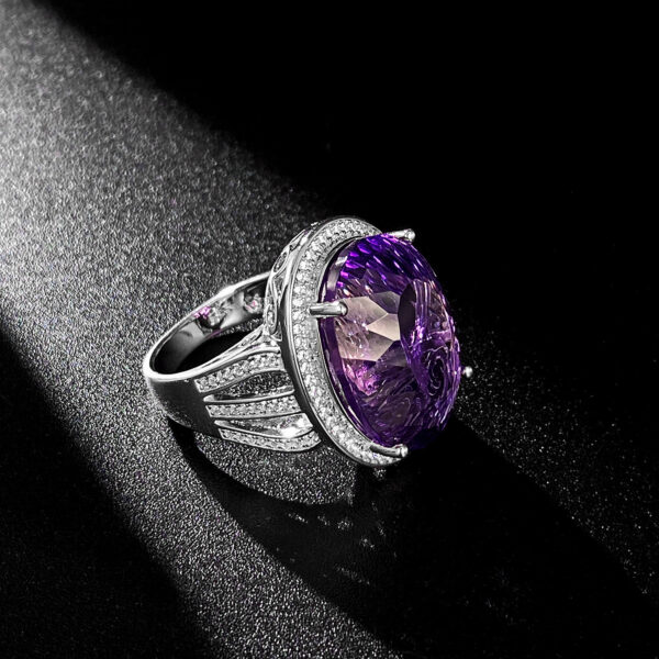 Light And Extravagant Wind Jewelry Large Denier Shaped Natural Amethyst Ring S925 Silver Set Crystal - Image 5