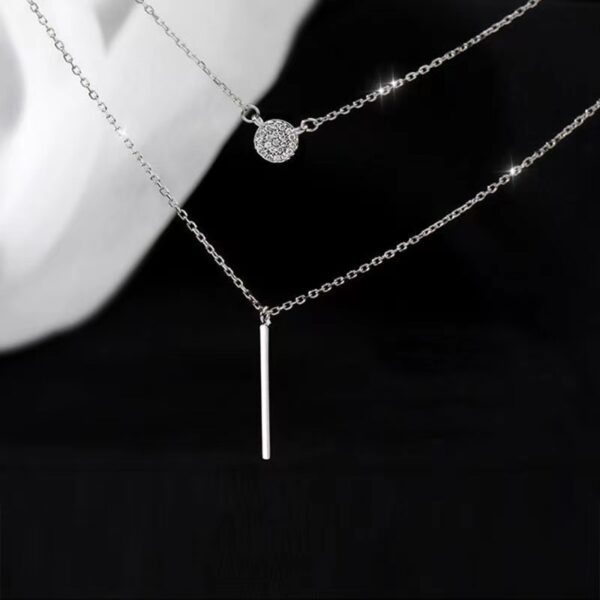 S925 Silver Color Double Chain Long Stick Micro Pave Zircon Round Pendant Necklaces For Women Trendy Jewelry - Image 3