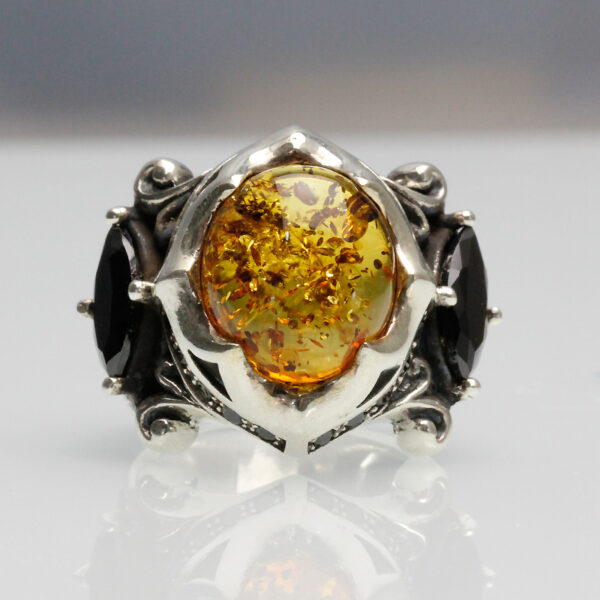 925 Thai Silver Ring Retro Gem Black Stone Amber - Image 4