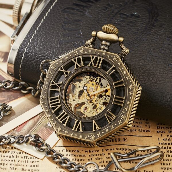 Carved Octagonal Mechanical Pocket Watch Retro Rome - Image 3