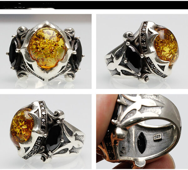 925 Thai Silver Ring Retro Gem Black Stone Amber - Image 3